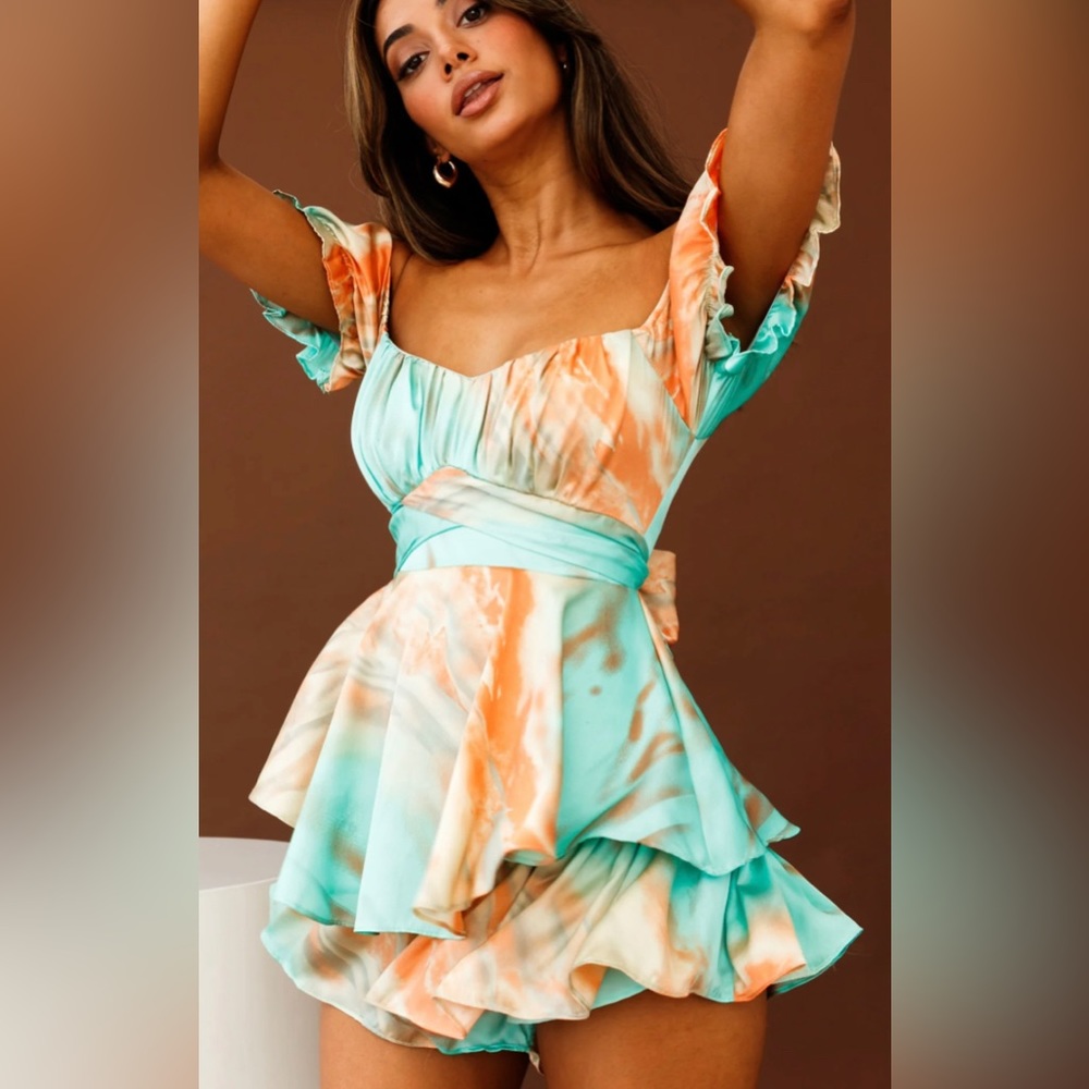 Linka Off-Shoulder Tie Back Romper Tie-Dye Orange/Teal